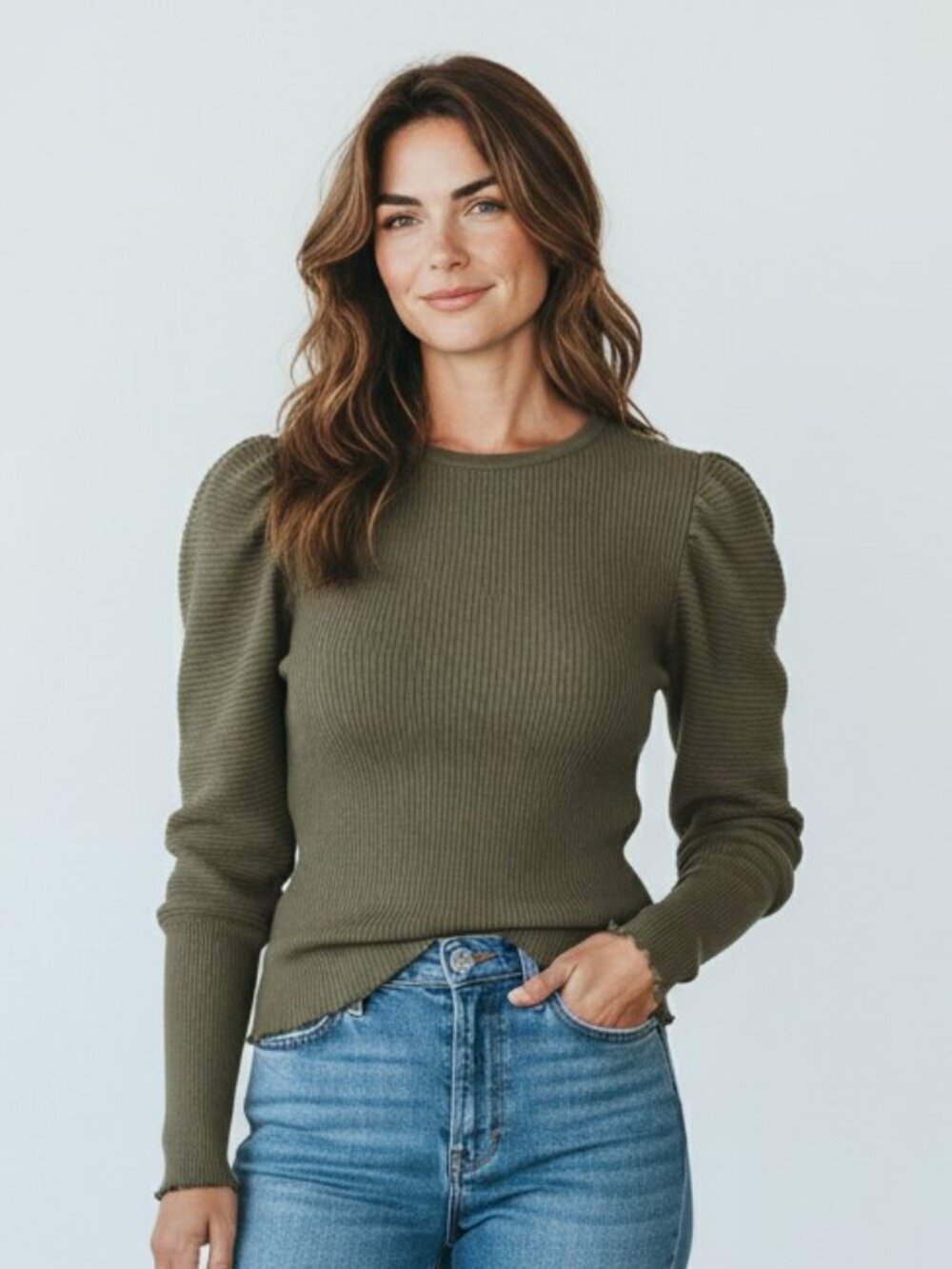 #3)  Cable & Gauge Olive Green Puff Sleeve Ribbed Knit Sweater Size XL
